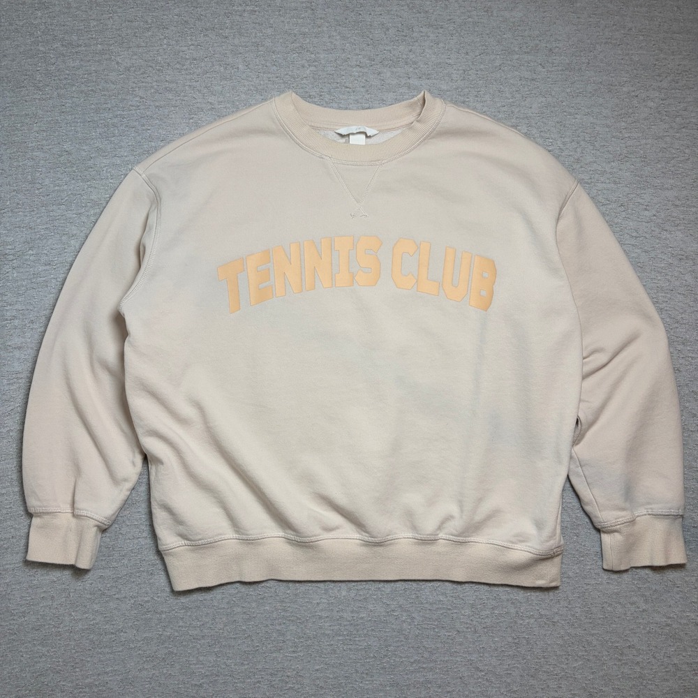 H&M Womens Sweatshirt Large Beige Tennis Club Graphic Oversized Pullover‎